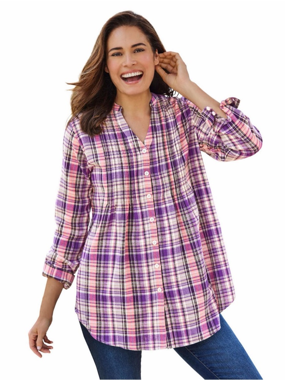 Woman Within Pink & Purple Plaid Button-Down Tunic Shirt